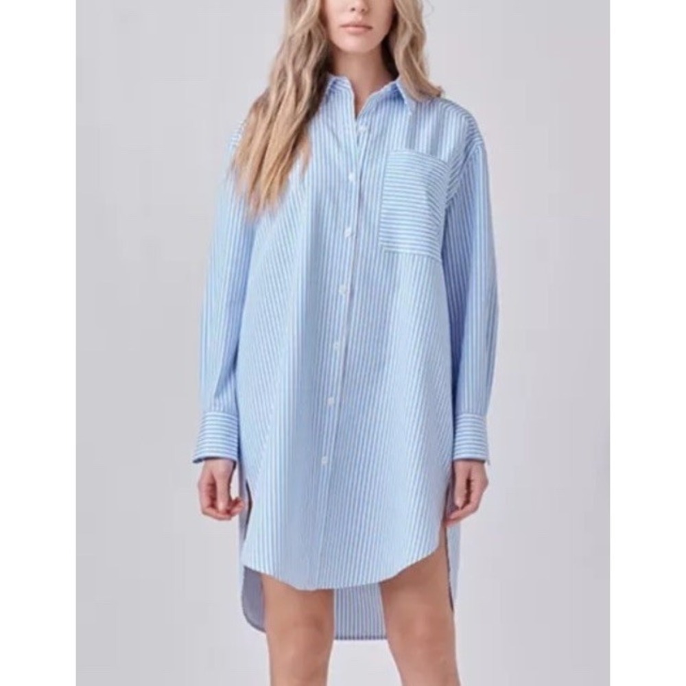 English Factory Women's LARGE Striped Shirt Dress Blue White Button Down Preppy